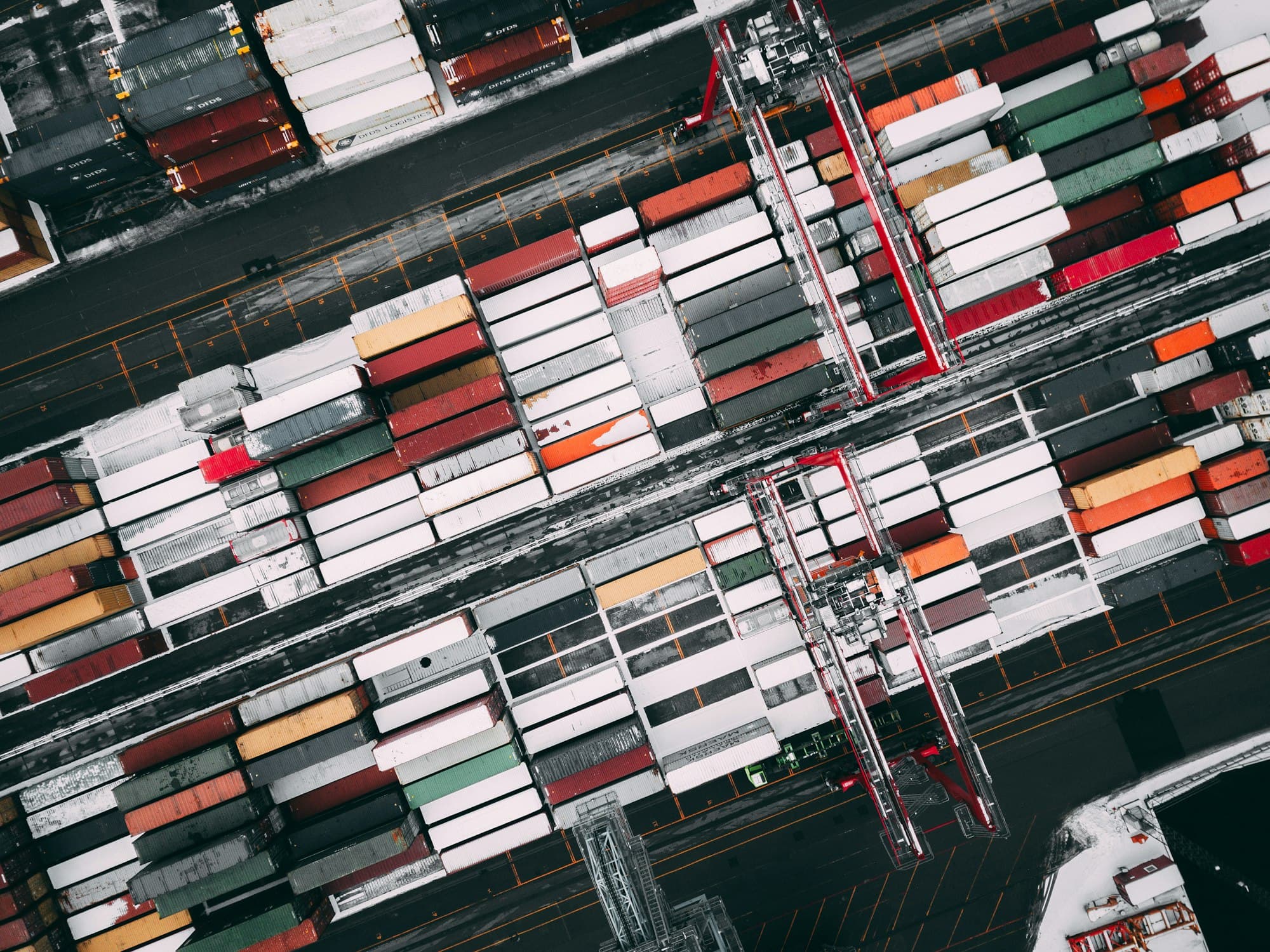 Aerial view of a busy container port